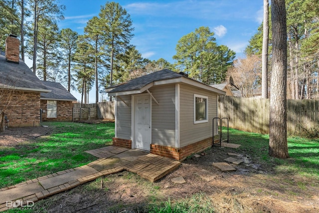 view of shed with a fenced backyard