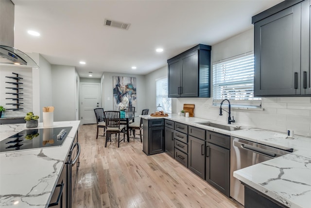 kitchen with visible vents, a sink, light wood-style floors, black electric stovetop, and a healthy amount of sunlight