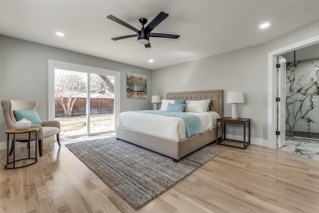 bedroom featuring access to exterior, baseboards, recessed lighting, wood finished floors, and a ceiling fan