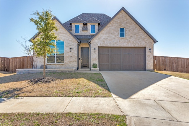 view of front of property with brick siding, concrete driveway, and fence