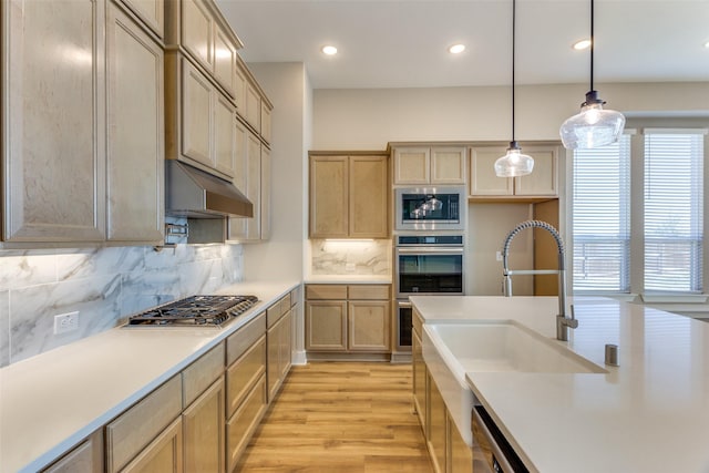 kitchen with light wood-type flooring, under cabinet range hood, a sink, backsplash, and appliances with stainless steel finishes