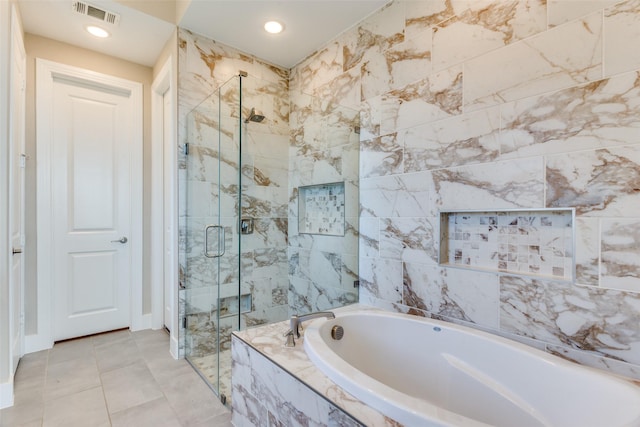 full bath featuring visible vents, recessed lighting, a stall shower, tile patterned flooring, and a bath