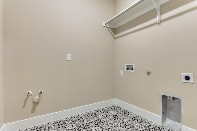 clothes washing area featuring baseboards, hookup for an electric dryer, gas dryer hookup, laundry area, and washer hookup