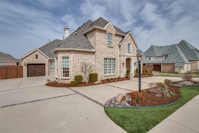 french provincial home with brick siding, fence, concrete driveway, roof with shingles, and a chimney