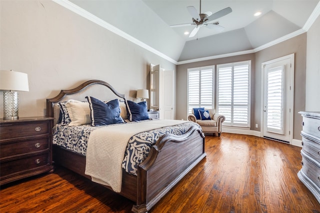 bedroom featuring crown molding, baseboards, lofted ceiling, dark wood-style flooring, and access to outside