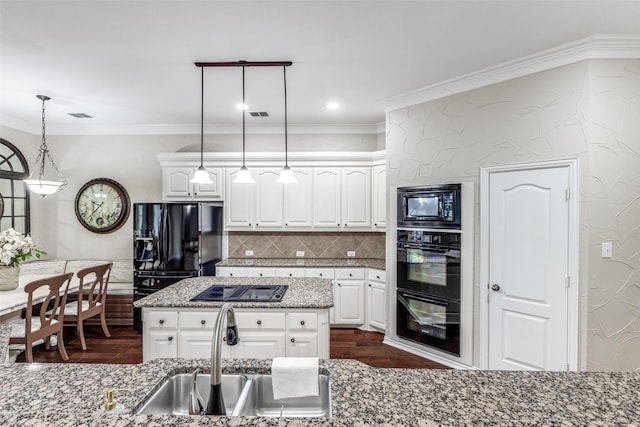 kitchen featuring a sink, light stone countertops, black appliances, and dark wood-style floors