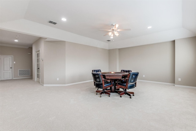 dining space featuring recessed lighting, visible vents, baseboards, and light carpet