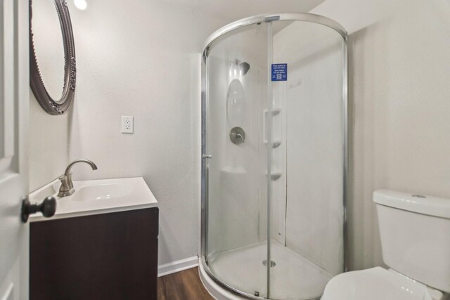 bathroom featuring a shower stall, toilet, vanity, and wood finished floors