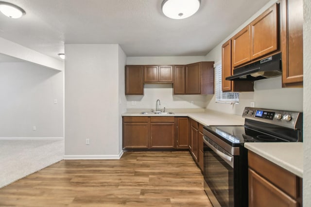 kitchen with light wood-type flooring, stainless steel range with electric stovetop, under cabinet range hood, a sink, and light countertops