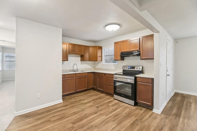 kitchen with stainless steel electric range, light wood-style floors, under cabinet range hood, and a sink