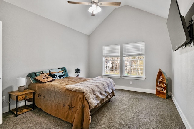 bedroom featuring vaulted ceiling, carpet flooring, a ceiling fan, and baseboards