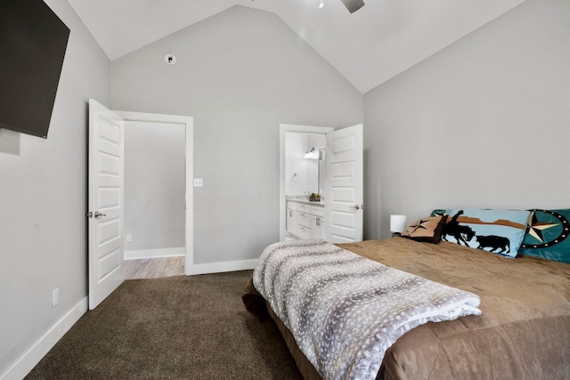 carpeted bedroom with high vaulted ceiling, baseboards, and a ceiling fan