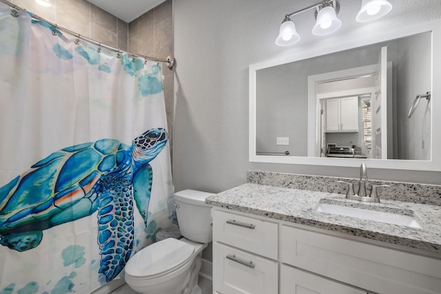 bathroom with toilet, vanity, and a shower with shower curtain