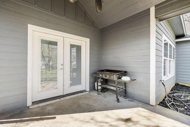 property entrance with french doors and a patio