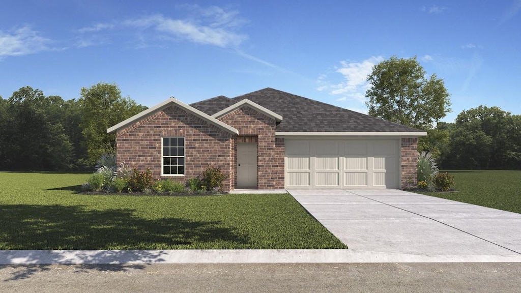 single story home featuring driveway, brick siding, an attached garage, and a front lawn