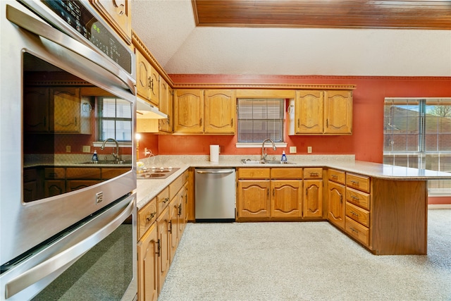 kitchen featuring a sink, under cabinet range hood, stainless steel appliances, a peninsula, and light countertops