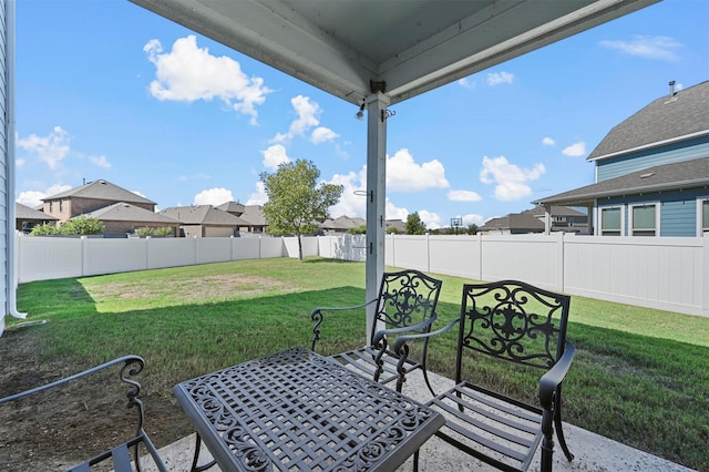 view of patio featuring a residential view, a fenced backyard, and outdoor dining space