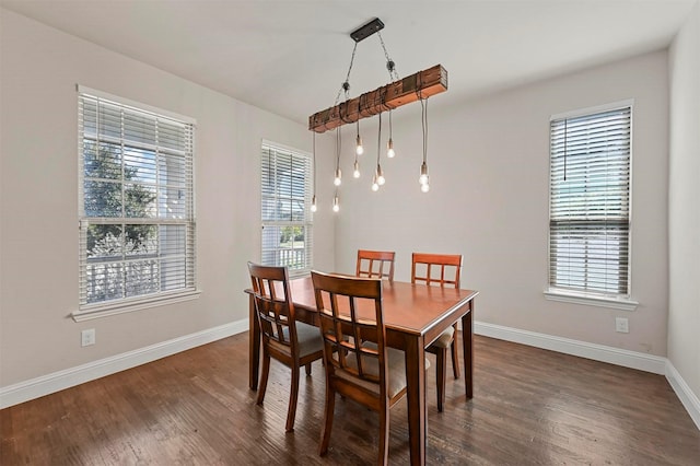 dining space featuring baseboards and dark wood-style flooring