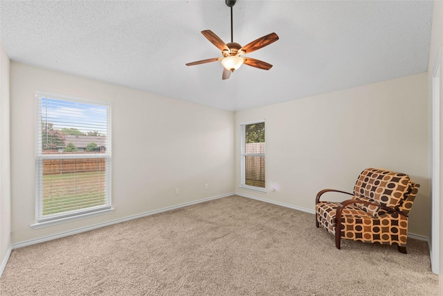 unfurnished room featuring baseboards, ceiling fan, a textured ceiling, and carpet