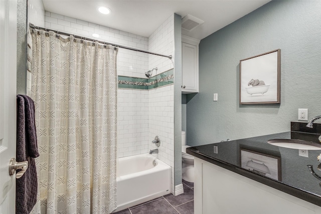 full bath with visible vents, toilet, tile patterned floors, shower / bath combination with curtain, and vanity