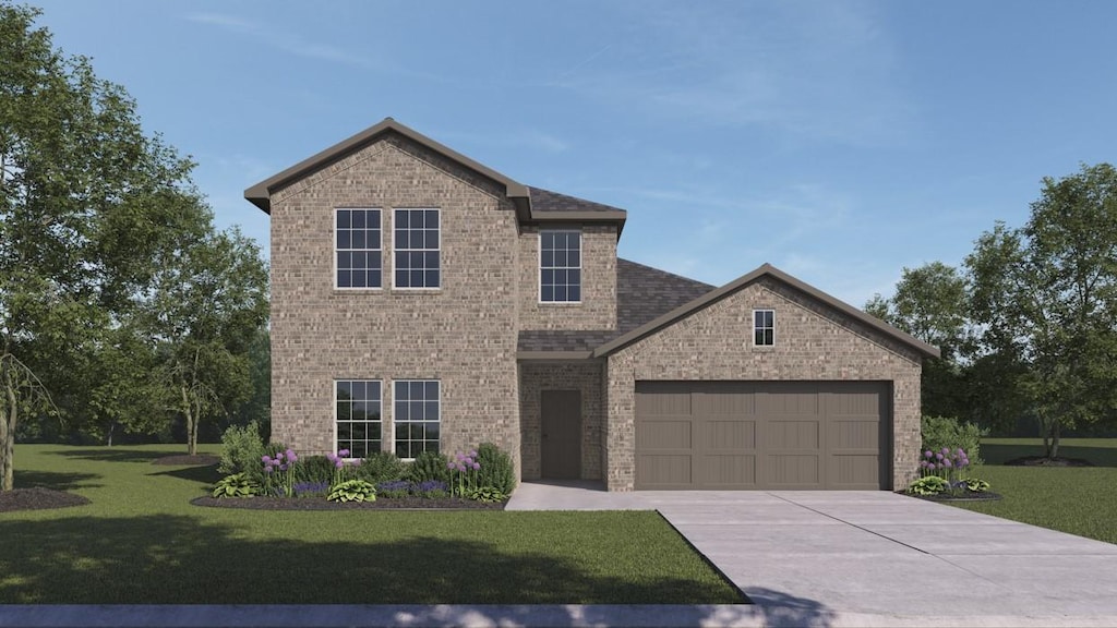 view of front of home featuring a front yard, an attached garage, brick siding, and concrete driveway