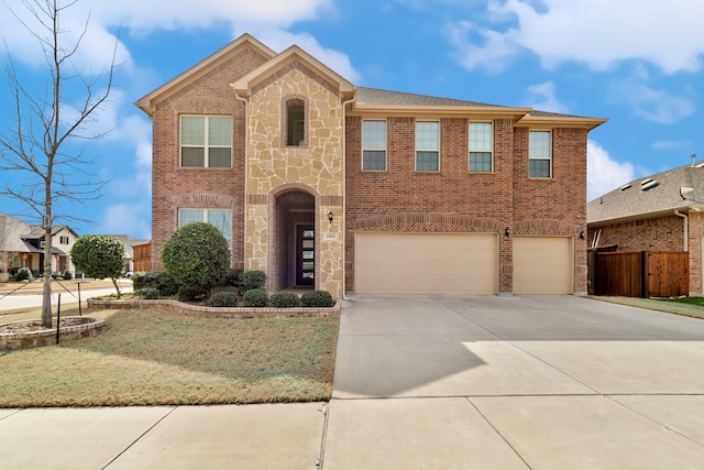 view of front of property with fence, concrete driveway, a garage, stone siding, and brick siding