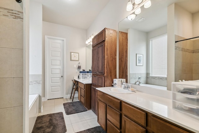 full bath with visible vents, walk in shower, a bath, tile patterned floors, and vanity