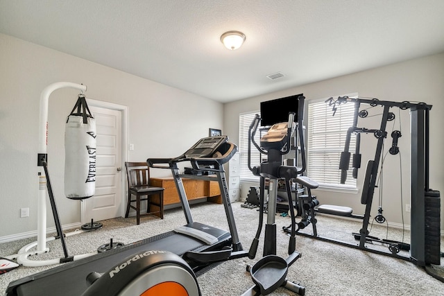 exercise room with visible vents, a textured ceiling, baseboards, and carpet floors