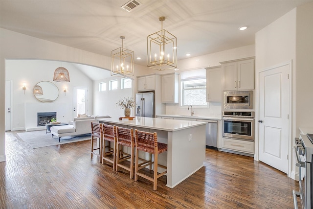 kitchen with open floor plan, premium appliances, dark wood-style flooring, and a center island