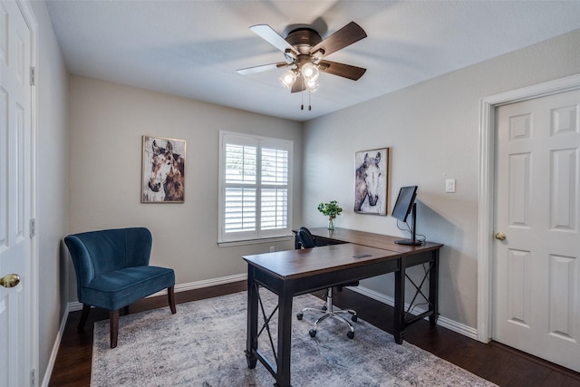 home office with dark wood finished floors, baseboards, and ceiling fan