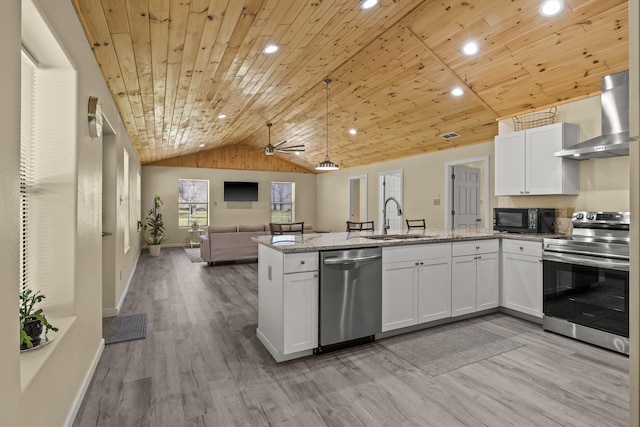 kitchen featuring wall chimney range hood, a peninsula, stainless steel appliances, white cabinetry, and a sink