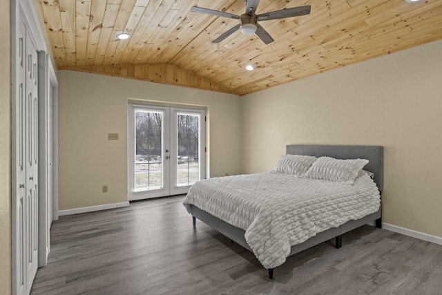 bedroom with wood finished floors, french doors, wooden ceiling, access to exterior, and vaulted ceiling