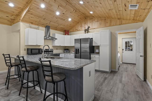 kitchen with visible vents, a sink, stainless steel appliances, a peninsula, and wall chimney range hood