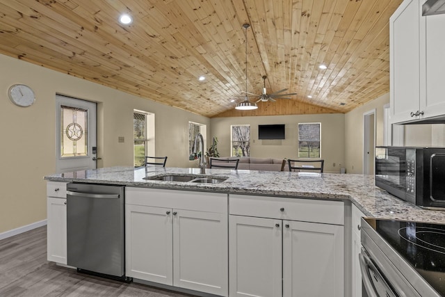 kitchen featuring white cabinetry, a sink, vaulted ceiling, wood ceiling, and dishwasher