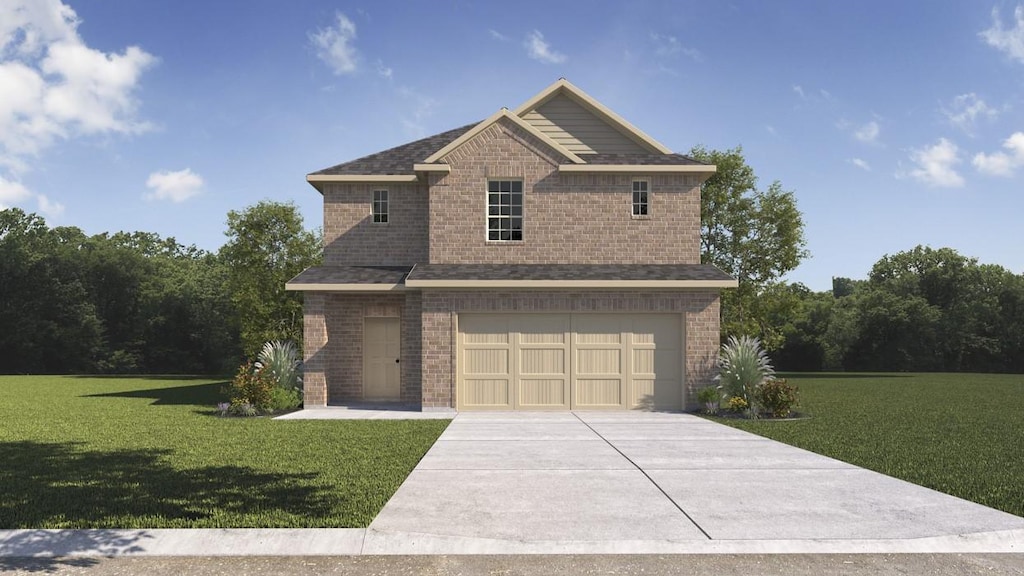 craftsman inspired home featuring brick siding, driveway, a front lawn, and a garage