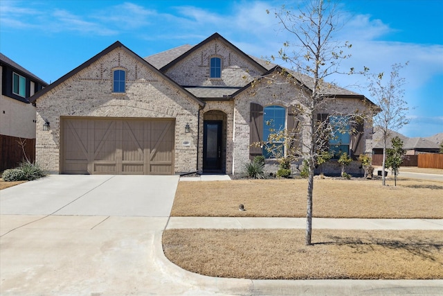 french provincial home featuring fence, roof with shingles, concrete driveway, a garage, and brick siding