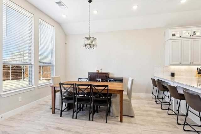 dining area with recessed lighting, visible vents, baseboards, and lofted ceiling