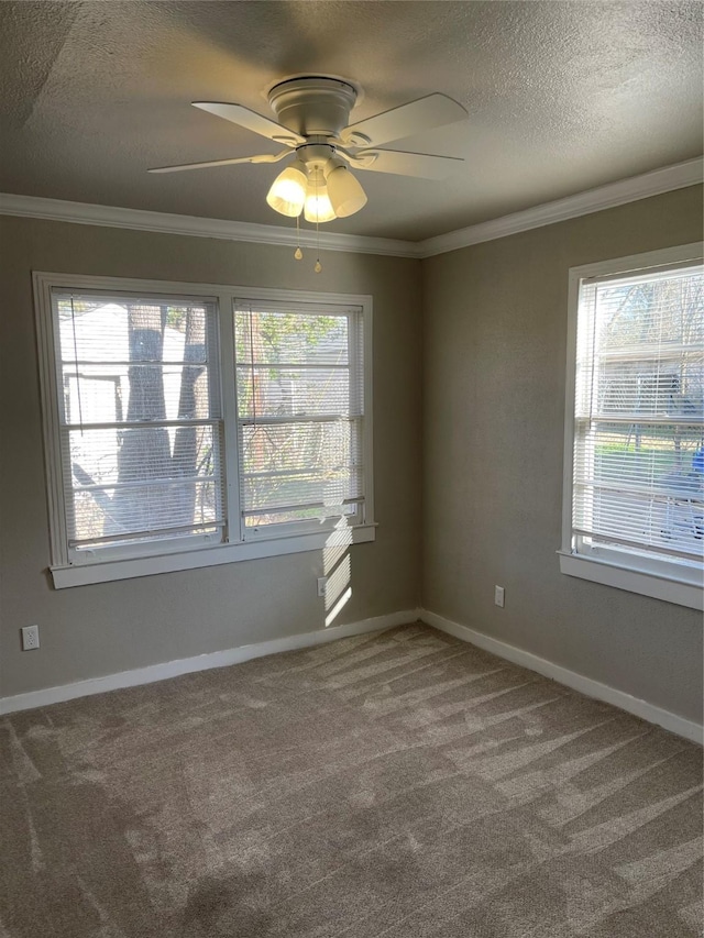 empty room with ornamental molding, a ceiling fan, a textured ceiling, carpet, and baseboards