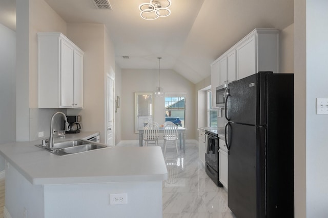 kitchen featuring visible vents, a sink, black appliances, white cabinetry, and marble finish floor