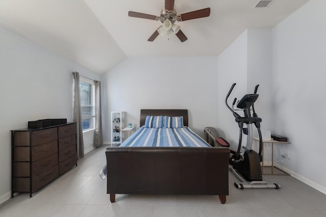 bedroom featuring visible vents, baseboards, a ceiling fan, and vaulted ceiling