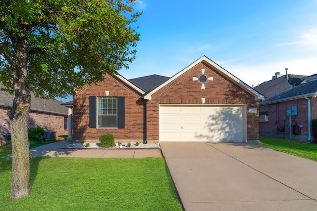 view of front of property featuring a shingled roof, concrete driveway, an attached garage, a front yard, and brick siding