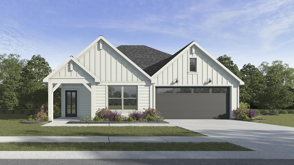 modern farmhouse featuring a front lawn, roof with shingles, board and batten siding, concrete driveway, and an attached garage