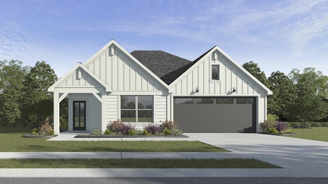 modern farmhouse featuring a front lawn, roof with shingles, board and batten siding, concrete driveway, and an attached garage