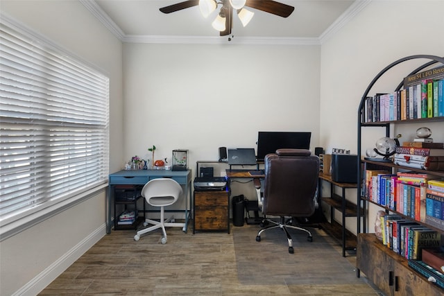 office featuring wood finished floors, a ceiling fan, baseboards, and ornamental molding