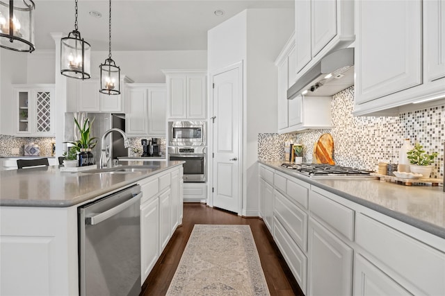 kitchen featuring dark wood-style floors, a sink, stainless steel appliances, white cabinets, and under cabinet range hood