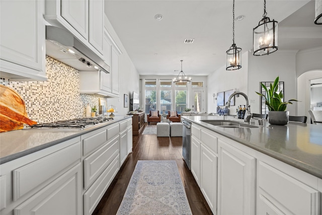 kitchen with dark wood-style floors, a sink, under cabinet range hood, appliances with stainless steel finishes, and backsplash