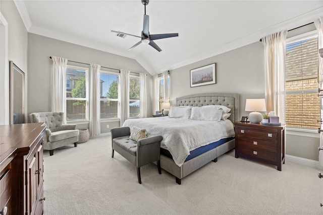 bedroom featuring visible vents, lofted ceiling, ornamental molding, baseboards, and light colored carpet