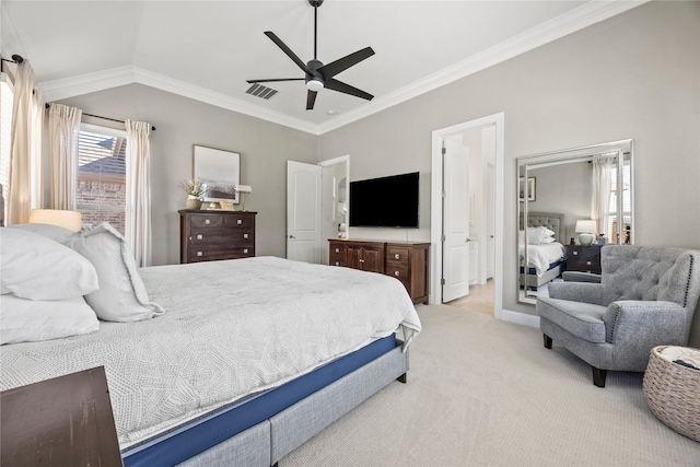 bedroom with visible vents, crown molding, light colored carpet, ceiling fan, and vaulted ceiling