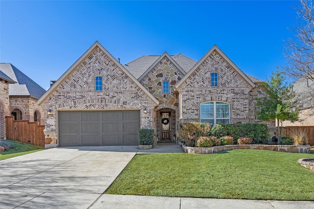 french provincial home featuring brick siding, fence, concrete driveway, a front yard, and stone siding