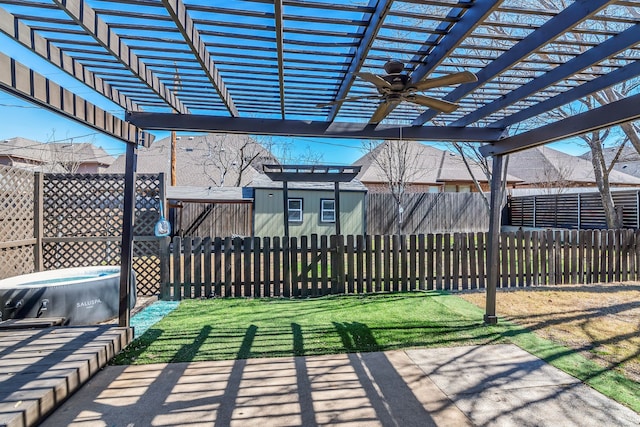 view of patio / terrace with a ceiling fan, a fenced backyard, and a pergola